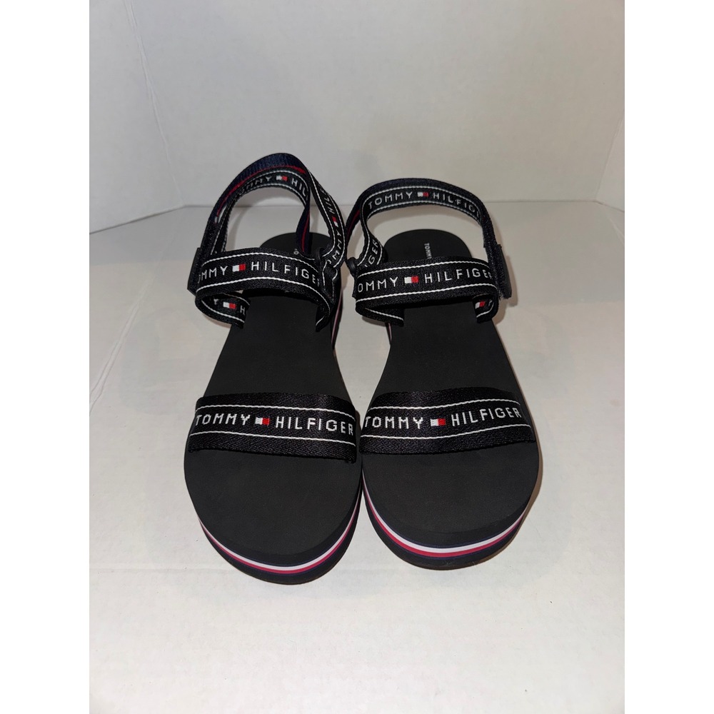 Tommy Hilfiger Black Platform Sandals Logo Webbing Straps Womens 11 NEW